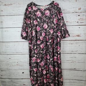 🔴Terra & Sky Midi Tiered Dress Women Plus 2X Black Pink Floral Raw Edge Hem NWT